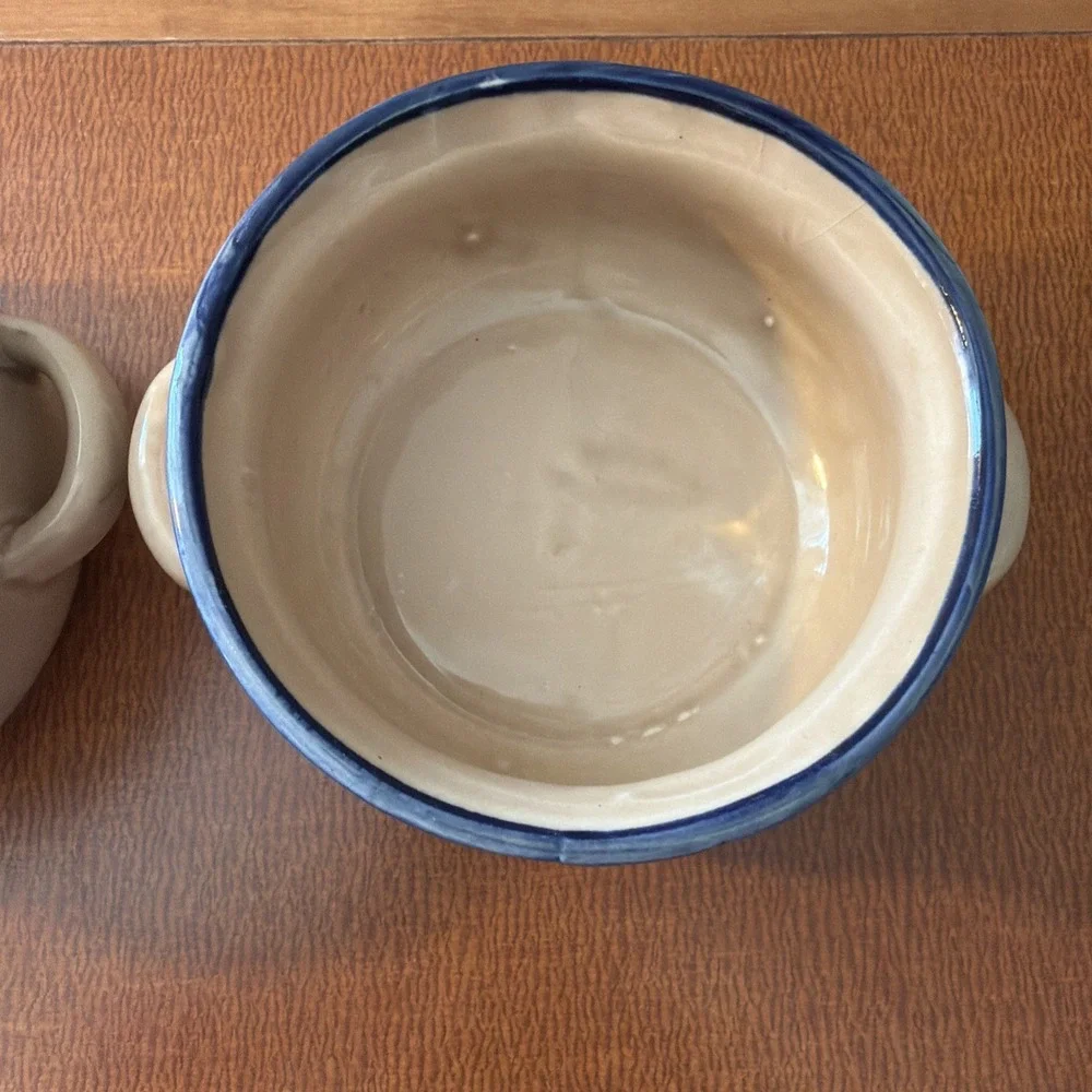 Vtg NCE 1986 Soup Crock Bowl Double Handle Heart Design Stoneware Blue Set 2